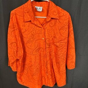 Vintage 90s Box Office Orange Paisley Button Up Blouse Plus 1X Retro Y2K
